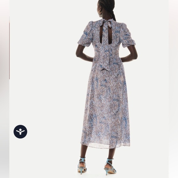 Whistles Blair Puff Sleeve Dress Women's Blue Midi Feminine Open Back Bow - Picture 13 of 13